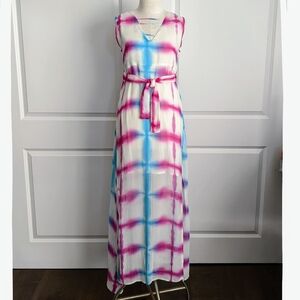 RAGA Dress Maxi Side Slits Sleeveless Windowpane Tie Dye Pink White Blue M NWT